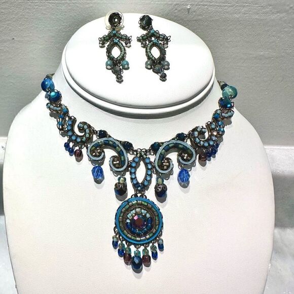 Ayala Bar Jewelry - Vintage Ayala Bar Classic Collection Blue Beaded Statement Necklace & Drop Earri